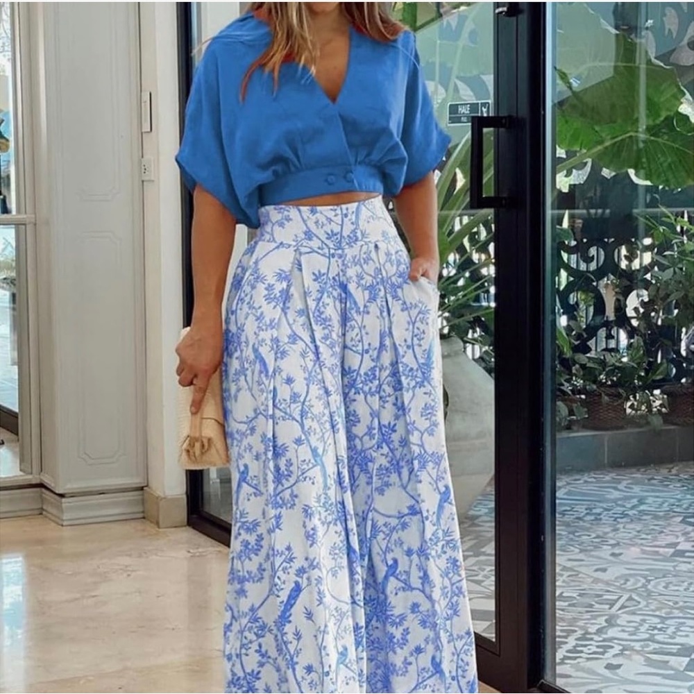 Blue Crop Top and Floral Maxi Skirt Set